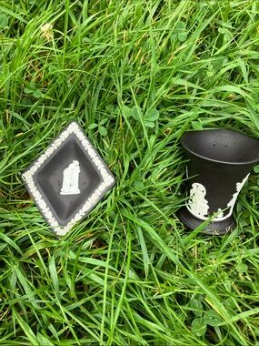 Vintage (60’s) Wedgwood Black and White Jasperware Vase and Square Dish Set